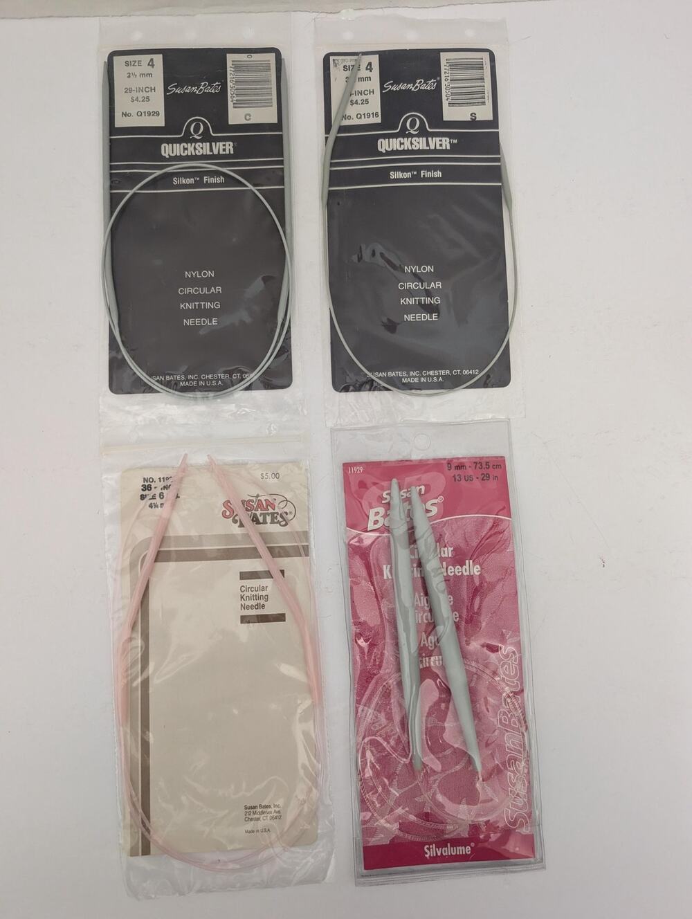 Susan Bates Vintage Circular Knitting Needles Lot of 4 Quicksilver Silvalume